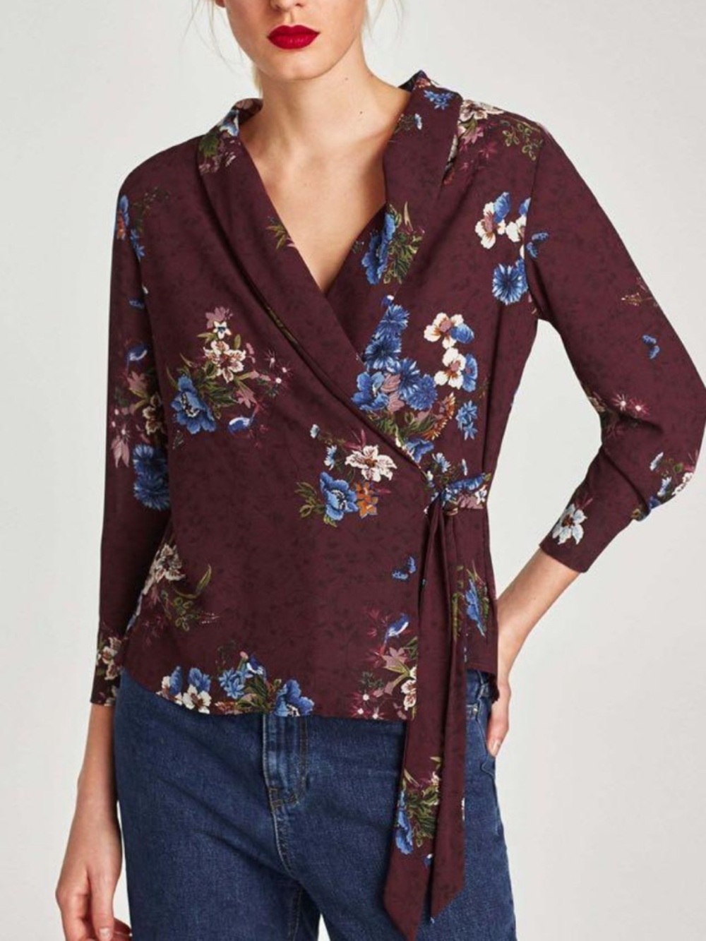 Zara Burgundy Floral Wrap Blouse with Blue Accents